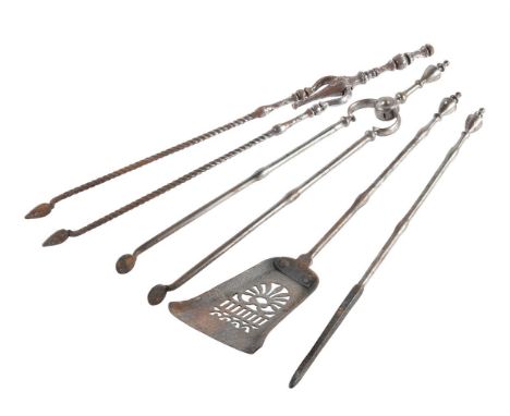 A SET OF THREE EARLY VICTORIAN STEEL FIRE TOOLSCIRCA 1840And a pair of George III spiral twist steel fire tongs (4)Provenance