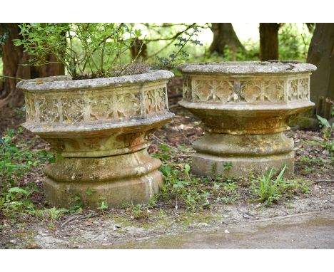 A PAIR OF STONE COMPOSITION GARDEN PLANTERS, IN GOTHIC TASTEEARLY 20TH CENTURY, POSSIBLY BY AUSTIN & SEELEYEach 100cm high, 5