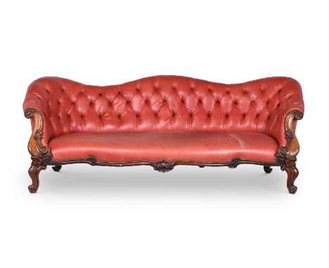 A VICTORIAN WALNUT AND LEATHER SOFAMID 19TH CENTURY80cm high, 220cm, 97cm deepCondition Report: The visible frame with some m