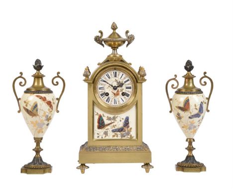 A FRENCH GILT BRASS AND GLASS-BEAD HIGHLIGHTED PORCELAIN MANTEL CLOCK GARNITURE ACHILLE BROCOT, PARIS, WITH PANELS BY BARLUET