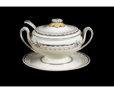 A WEDGWOOD QUEEN'S WARE SOUP TUREEN, COVER, LADLE, AND STANDEARLY 19TH CENTURYPainted in iron-red and sepia with a stiff leaf