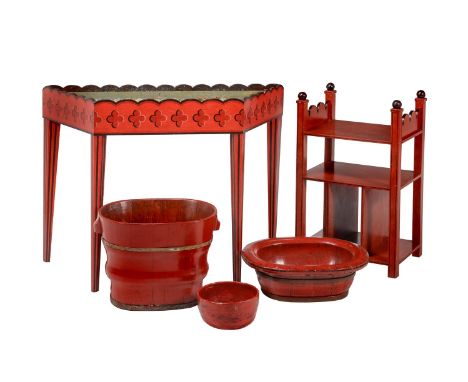 A GROUP OF RED PAINTED AND LACQUERED ITEMS Including a slop bucket, 41cm high, 53cm wide, 79cm high, two smaller similar plan