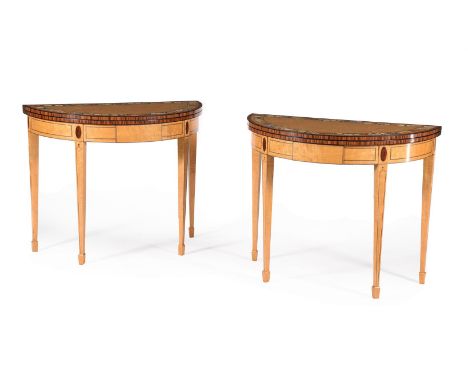 Y A PAIR OF SATINWOOD, ROSEWOOD CROSS BANDED AND POLYCHROME DECORATED DEMI-LUNE FOLDING CARD TABLES IN GEORGE III STYLE, OF R