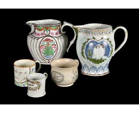 A COLLECTION OF ENGLISH POTTERYVARIOUS DATES 19TH CENTURYComprising: a Pratt-type pearlware jug moulded in relief part shape 