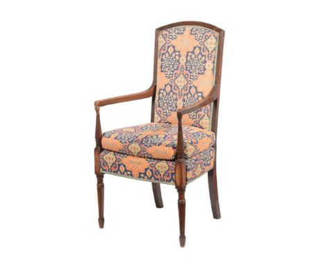 A FRENCH MAHOGANY OPEN ARMCHAIRFIRST HALF 19TH CENTURY With reeded frame and tapestry upholstery 109cm highProvenance: Proper