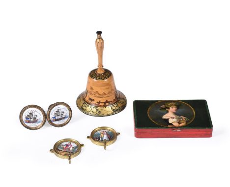 A COLLECTION OF PAINTED TINWARE (TOLEWARE) AND ENAMEL VARIOUS DATES 18TH AND 19TH CENTURY To include an unusual handbell, 15.