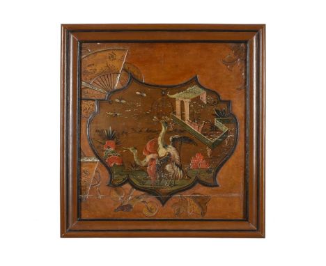 A FRENCH PAINTED CHINOISERIE DECORATED PANELEARLY 20TH CENTURYWith asymmetrical moulded decoration, the central panel painted