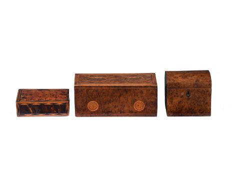 Y A YEW WOOD BOX19TH CENTURYWith bull's-eye hidden push release8cm high, 19.5cm wideTogether with a George IIII small yew cad