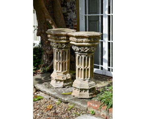 A PAIR OF AUSTIN AND SEELEY STONE COMPOSITION 'RICH GOTHIC' PEDESTALSMID 19TH CENTURY Each approximately 100cm high, tops 53c