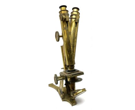 Victorian lacquered brass binocular microscope by R. &amp; J. Beck with rack and pinion and fine focusing, stage fitted with 