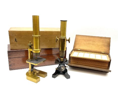 Carl Zeiss Jena brass monocular microscope, lacking all lenses, serial no.5822, in fitted mahogany box H26.5cm; another unmar