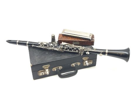 Boosey &amp; Hawkes Regent nickel mounted four-piece clarinet no.400665, cased; and Hohner '64 Chromonica' four chromatic oct