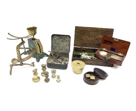 Set of early 19th century nickel pocket beam scales in fitted mahogany case with weights compartment (empty) L10.5cm; two Geo