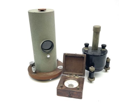 Two mirror galvanometers - one marked Sullivan Galvanometer serial no.1483/1950 of green crackled cylindrical form on circula