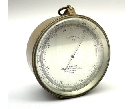 WW1 brass cased compensated barometer with altimeter scale by J. Hicks 8/9/10 Hatton Garden London No.2768, of drum shaped fo