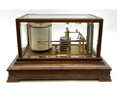 Edwardian oak cased barograph with lacquered brass mechanism, six bellow aneroid tower, silvered thermometer, clockwork drum 