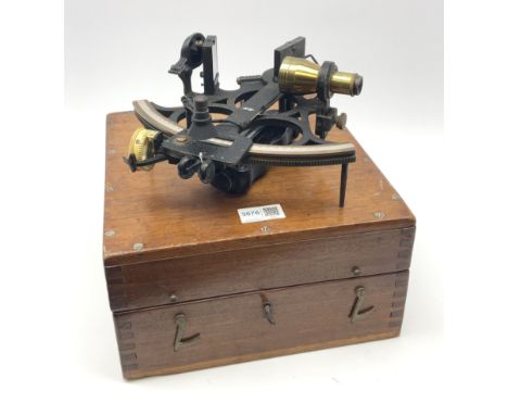 Henry Hughes &amp; Son Ltd. sextant with black crackled finish, brass and silvered graduated arc and various coloured glass f