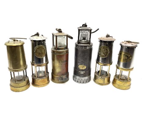 Six miners lamps - Oldham Type 'F' steel and white metal H30cm; Oldham all brass No.900-4090; two Protector Lamp &amp; Lighti