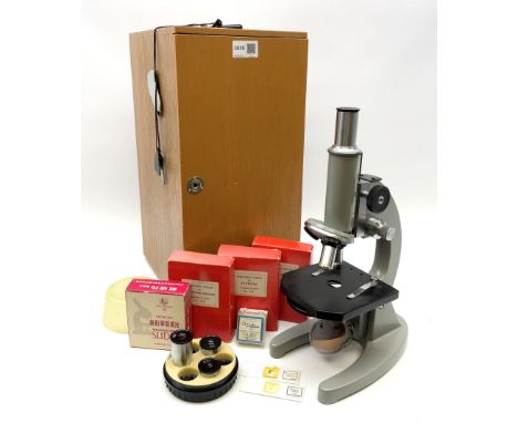 Chinese grey painted monocular microscope possibly by the Wu Chow Optical Instrument Company, with rack and pinion focusing H