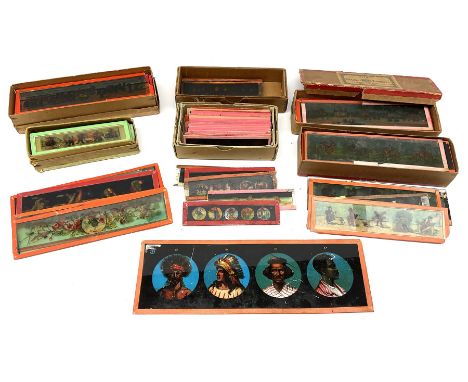 Six boxes of mainly mid-19th century juvenile panoramic coloured glass magic lantern slides, mostly of a comical nature, one 