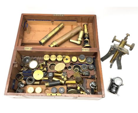 19th century students small brass cased field microscope H15cm; and approximately fifty predominantly brass microscope spare 