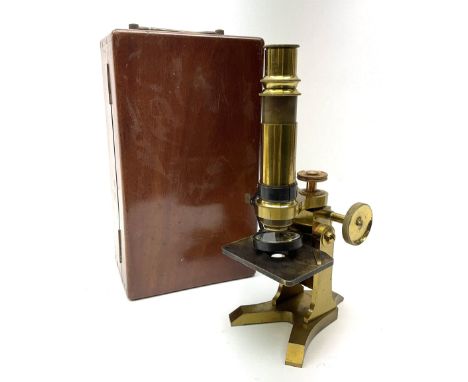 19th century lacquered brass monocular microscope by Moritz Pillischer No.1795 in fitted mahogany box with carrying handle an