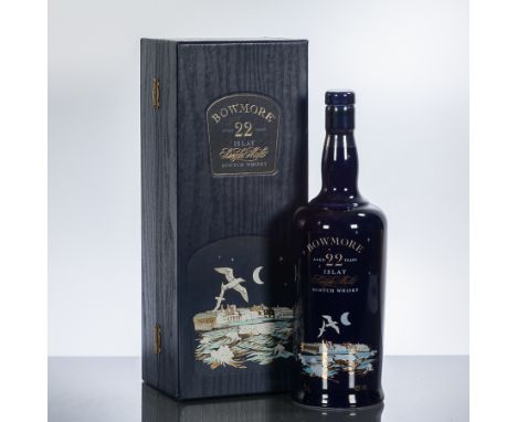 BOWMORE 22 YEAR OLD 
Single Islay malt whisky in blue ceramic bottle. 70cl, 43% volume, in presentation box.  CONDITION REPOR