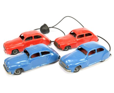 Chad Valley group of aluminium mechanical remote control cars No.CV10046, comprising 2 x blue examples (one still has the rem