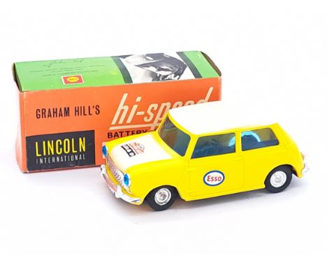 Lincoln International (Hong Kong) Graham Hill's Hi-Speed battery-operated Mini Cooper, plastic, yellow and white, sliver deta