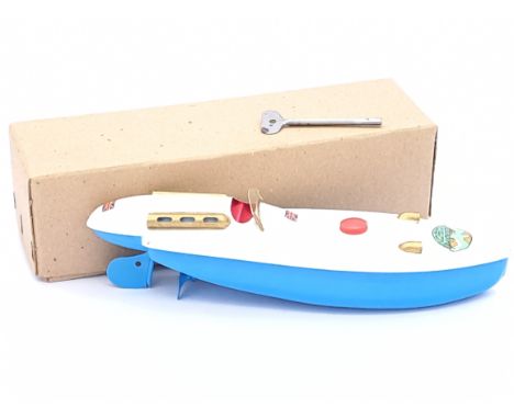 Sutcliffe Models Bluebird Speedboat submarine, white and blue tinplate with gold details, plastic windscreen, key wound and k