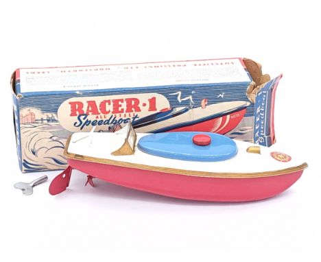 Sutcliffe Models Racer-1 Speedboat, white, red and blue tinplate with gold details, plastic windscreen, key wound and key is 