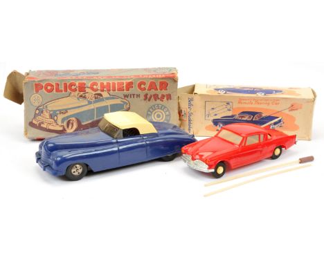 Vintage plastic model cars x two including: (1) Louis Marx Police Chief Car, blue and cream, friction powered, 10"/25cm; (2) 