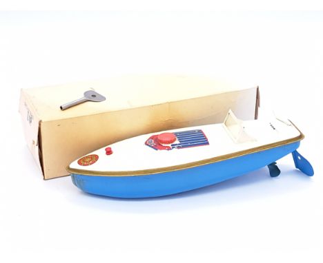 Sutcliffe Models Zip Speedboat, white and blue tinplate with gold details, plastic windscreen, decal in center has flaked in 