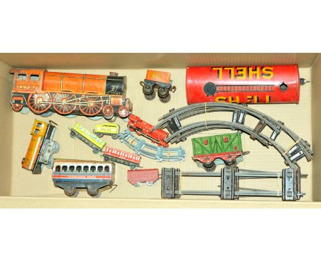 Brimtoy / Hornby plus other similar tinplate trains and wagons, 0 gauge track, 00 gauge scale diecast track, rust spots and c