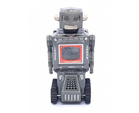 Horikawa (Japan) "Mars King" - tinplate and plastic battery operated issue - finished in grey, red with black plastic rollers