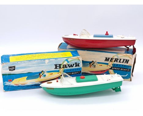 Sutcliffe Models Speedboat pair including: (1) Hawk, green and white tinplate, plastic windscreen, key wound and key is MISSI