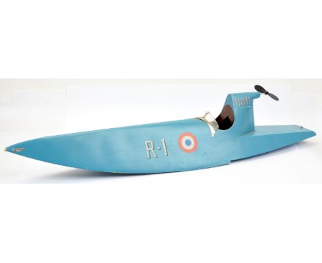 Large wooden model of an R-1 speedboat, blue, decal details, plastic and metal propellers, windscreen, slight damage (see pho