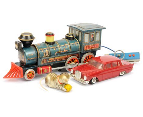 Mixed tinplate lot including: (1) Masudaya Western train, minor surface wear, battery operated, untested, (some corrosion to 