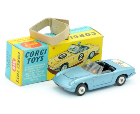 Corgi 318 Lotus Elan S2 with "I've Got a Tiger in My Tank" trunk decal - metallic silver-blue body &amp; base, black interior