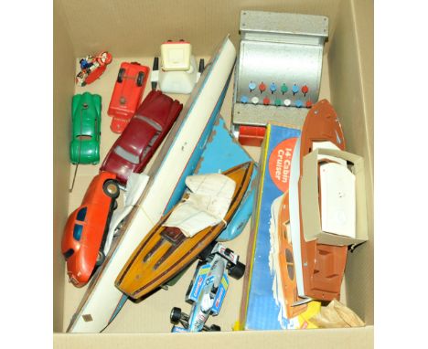 Mixed Tinplate &amp; Plastic lot including: (1) Codeg cash register; (2) plastic Jaguar toy car Empire made; (3) Triang Derwe