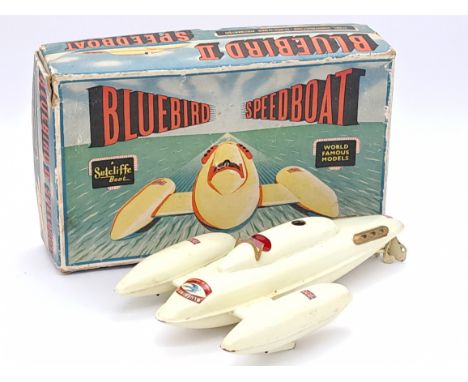Sutcliffe Models Bluebird II Speedboat, cream tinplate, gold details, plastic windscreen, key wound but is MISSSING key, unte