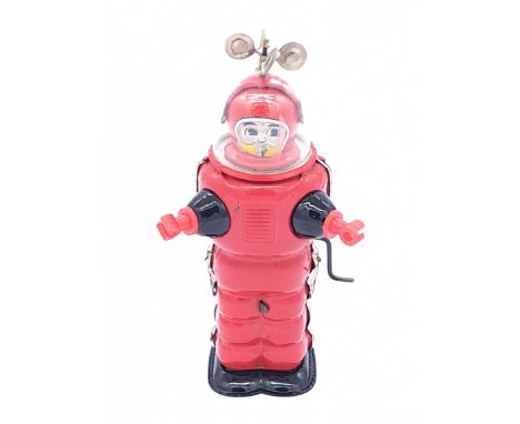 Tinplate Moon Explorer Robot, recent issue made in Japan, red with black base, wind-up action revolving antenna, some marks t