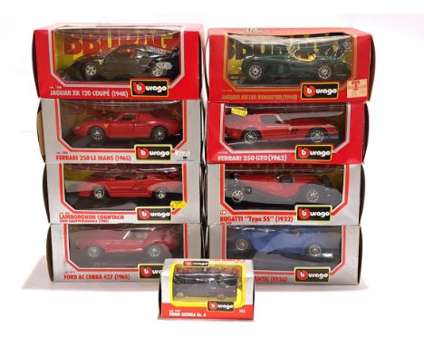 Bburago, a boxed mostly 1:24 scale group to include Lamborghini Countach 5000 Quattrovalvole (1988), Ferrari F40 (in Jaguar X