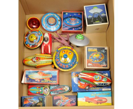 Collection of space vehicles, resent issue, made in China, Japan and India including: (1) Rocket Racer, white, red and green 