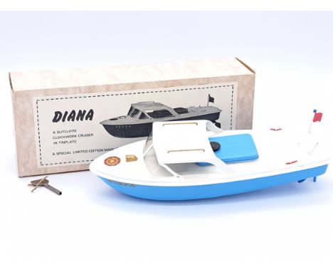 Sutcliffe Models Diana Cruiser, white and blue tinplate with gold details, plastic windscreen, key wound and key is present, 
