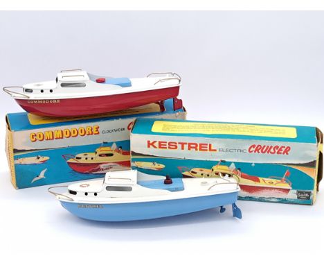 Sutcliffe Models x two including: (1) Kestrel Cruiser, white and blue tinplate with gold details, plastic windscreen, battery