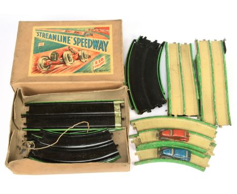 Marx Toys (UK) Streamline Speedway, 1950's tinplate clockwork motorized racing layout with curved and straight tinplate 2-lan