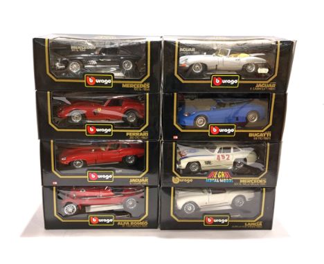 Bburago, a boxed 1:18 scale group, to include Lancia Aurelia B24 Spider (1955), Bugatti EB 110 (1991), and others. See photo.