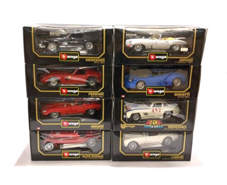 Bburago, a boxed 1:18 scale group, to include Lancia Aurelia B24 Spider (1955), Bugatti EB 110 (1991), and others. See photo.