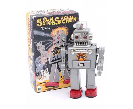 Smoking Spaceman Tinplate Robot, Ha Ha Toys, made in China, recent issue, grey with red feet, light and smoking action, untes